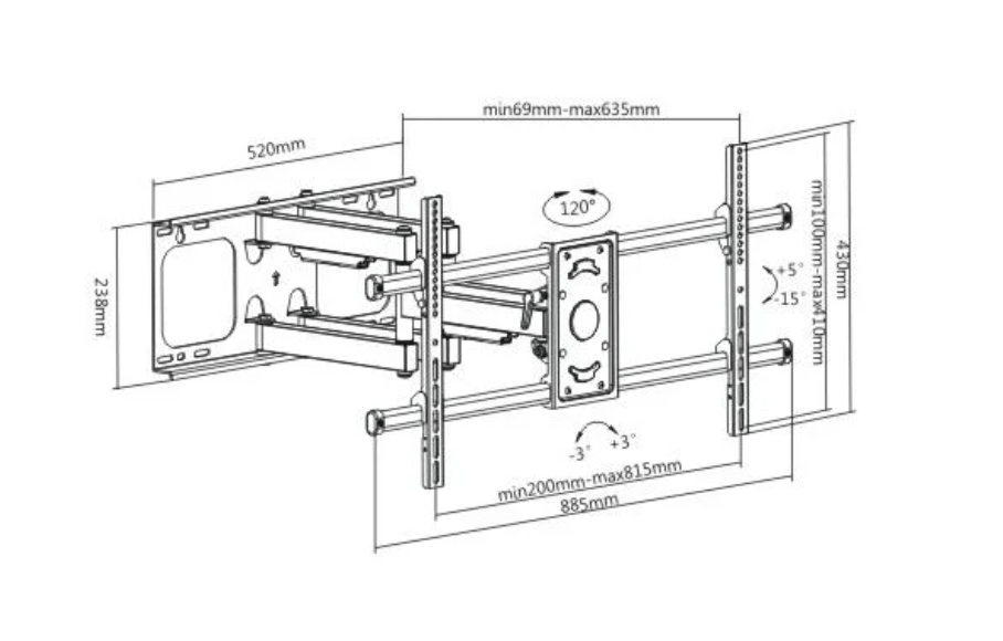 Brateck LPA49-486 37” - 90” Tilting curved or flat screen Full Motion TV Mount, TV up to 75kg