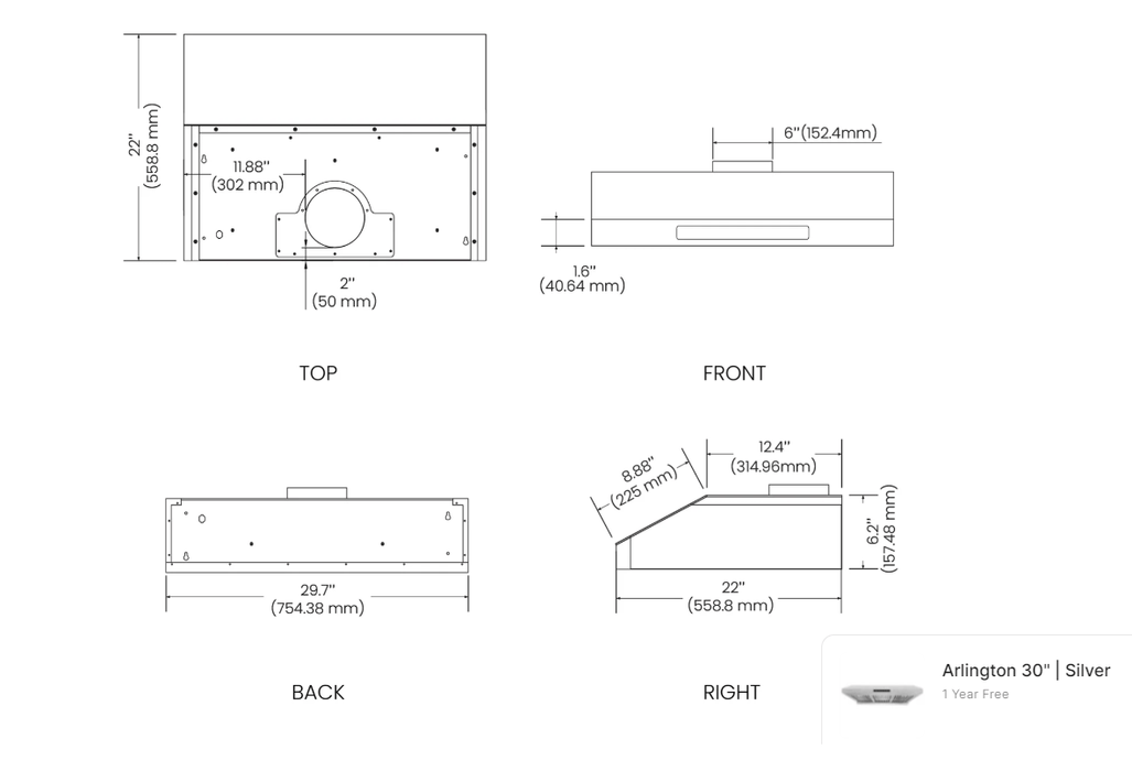 Vesta Arlington 850cfm Powerful 30''Under Cabinet Stainless Steel (Arlington 30SS)