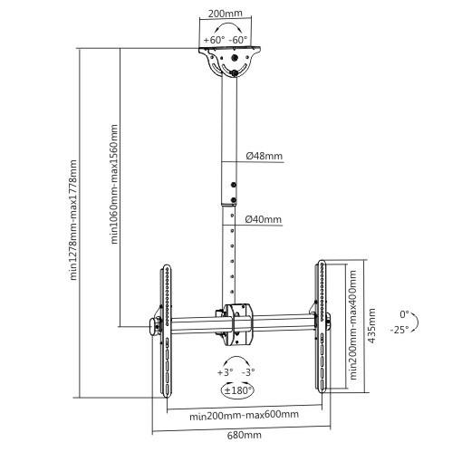 Brateck PLB-CE946-01L 37" ~ 70" Full-motion TV Ceiling Mounts, Adjustable Column 42" to 61”,   up to 50kg/110lbs