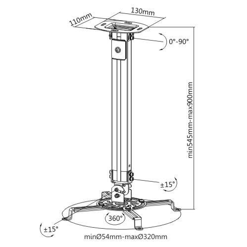 Brateck PRB-18M Steel universal Projector Ceiling Mount, 21.5" to 35.4" Profile, up to 13.5kg/29.7lbs
