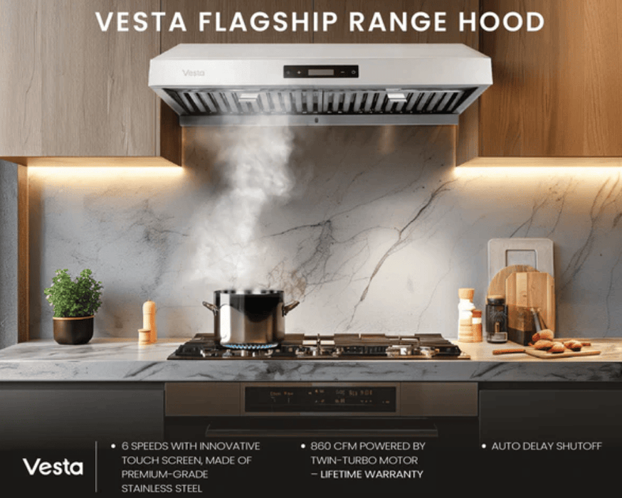 Vesta Atlanta 860CFM 30'' Stainless Steel Under Cabinet Range Hood With Dual Motor, 6 Levels Of Speed, Touch Screen (VRH-ATLANTA-30SS )