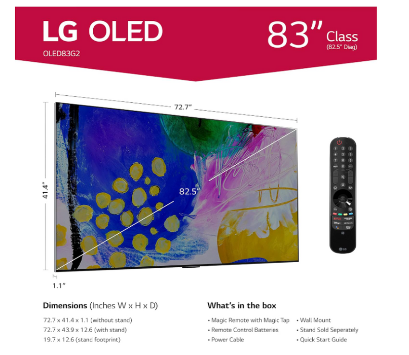 LG OLED83G2PUA 83" G2 4K UHD HDR OLED webOS Evo Gallery Smart TV - Satin Silver