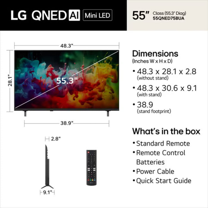 LG QNED AI Mini LED QNED75B 55QNED75BUA 55" 4K UHD Smart TV - Factory Refurbished