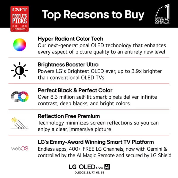 LG OLED55G6GUA 55" OLED G6 Series 4K Smart TV – α11 AI Processor 4K Gen3, Brightness Booster Ultra – Factory Refurbished