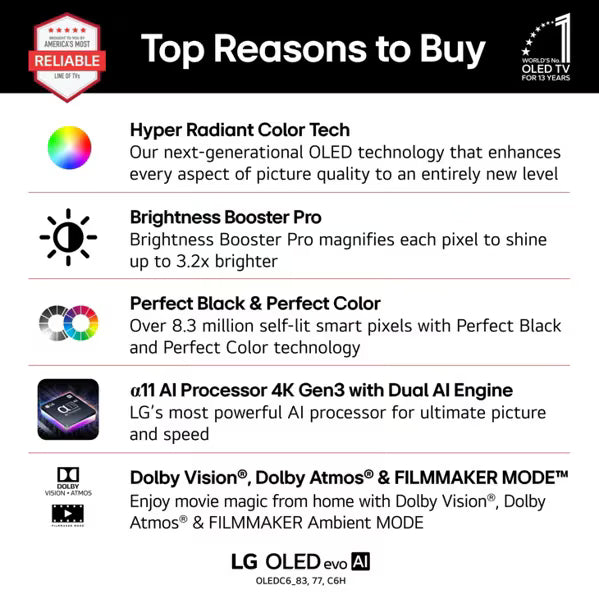 LG OLED77C6HUP 77" OLED 4K AI Smart TV – α11 AI Processor 4K Gen3, webOS 26 - Factory Refurbished