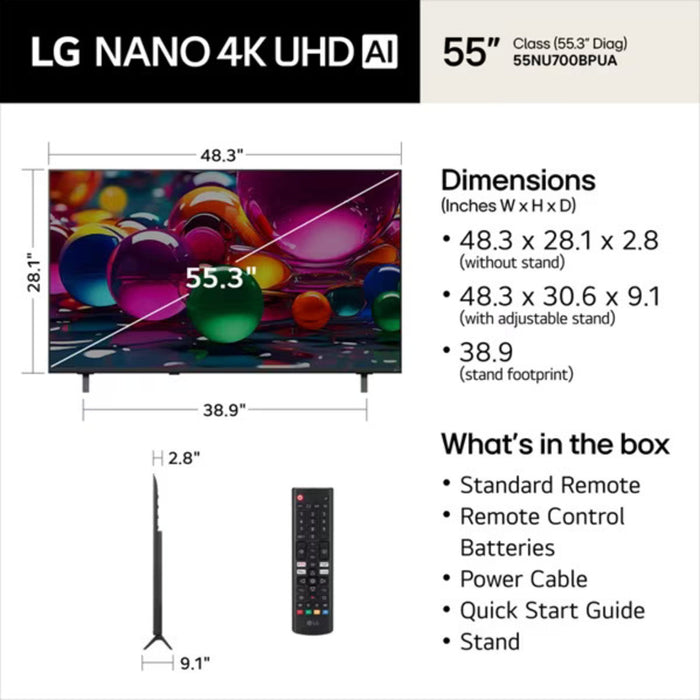 LG 55NU700BPUA 55" NANO 4K UHD AI Smart TV – HDR10 Pro, Alpha 7 AI Processor 4K Gen9, webOS 26 - Factory Refurbished