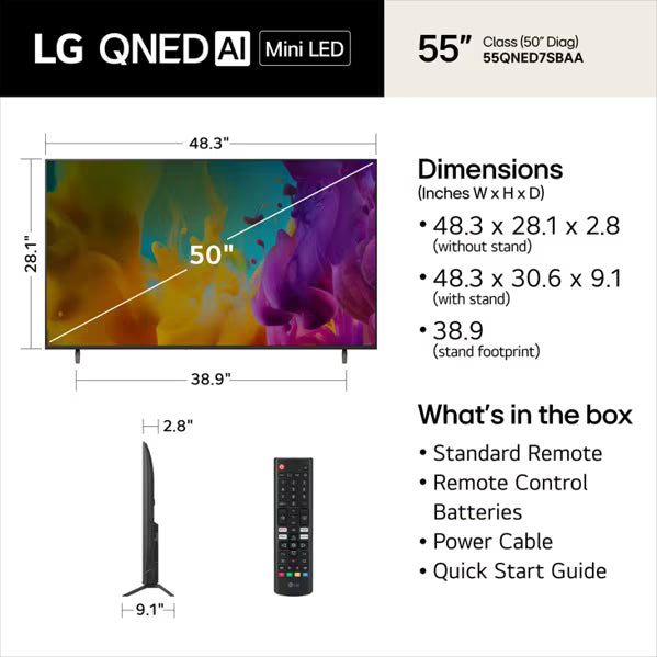 LG 55QNED7SBUA 55" QNED7SB 4K Mini LED Smart TV – α7 AI Processor webOS 26 - Factory Refurbished