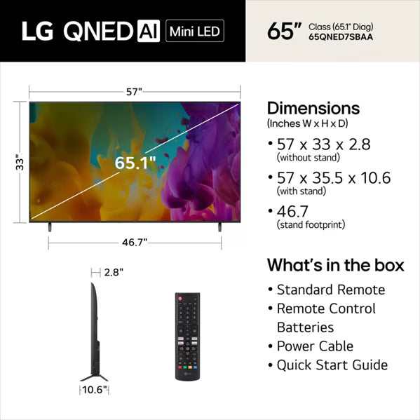 LG 65QNED7SBUA 65" QNED7SB 4K Mini LED Smart TV – α7 AI Processor webOS 26 - Factory Refurbished