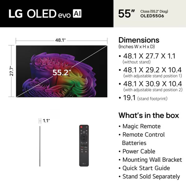 LG OLED55G6GUA 55" OLED G6 Series 4K Smart TV – α11 AI Processor 4K Gen3, Brightness Booster Ultra – Factory Refurbished