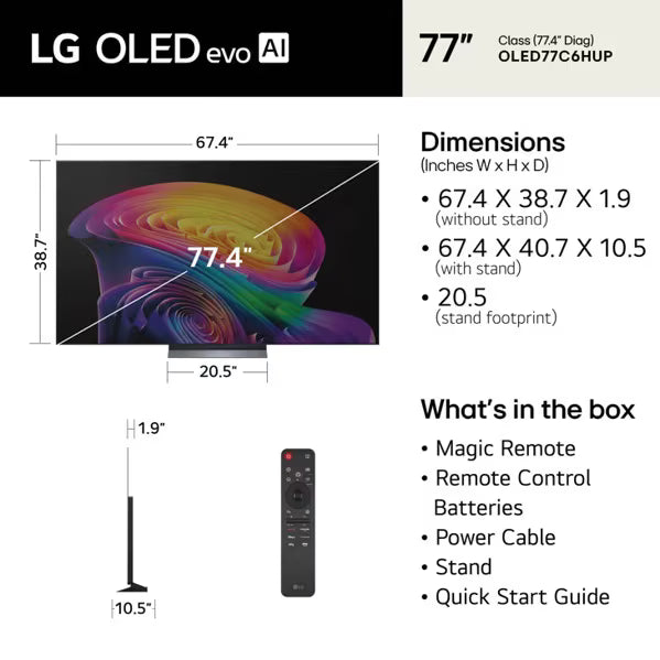 LG OLED77C6HUP 77" OLED 4K AI Smart TV – α11 AI Processor 4K Gen3, webOS 26 - Factory Refurbished