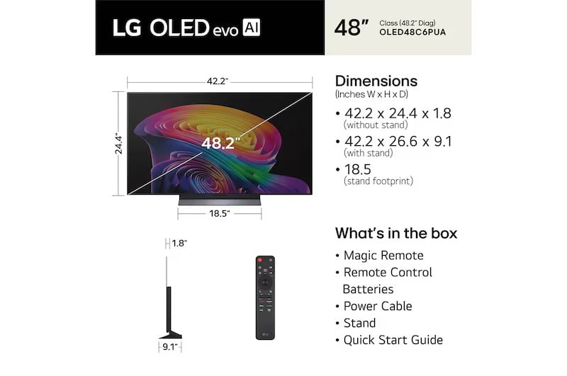 LG OLED evo AI C6 OLED48C6PUA 48" 4K UHD Smart TV with α9 AI Processor Gen8 & 144Hz - Factory Refurbished