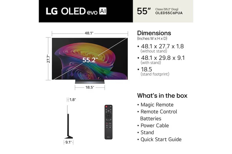 LG OLED evo AI C6 OLED55C6PUA 55" 4K UHD Smart TV with α9 AI Processor 4K Gen8 & OLED evo Technology - Factory Refurbished