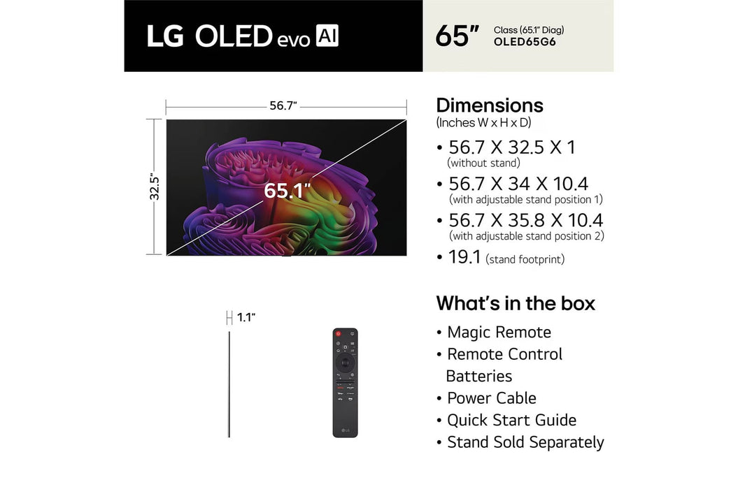 LG OLED evo AI G6 OLED65G6WUA 65" 4K UHD OLED Smart TV - Factory Refurbished