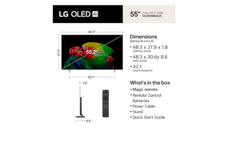 LG OLED55B6EUA 55" OLED AI 4K Smart TV – α8 AI Processor 4K Gen3, Dolby Vision, 120Hz, webOS 26 - Factory Refurbished