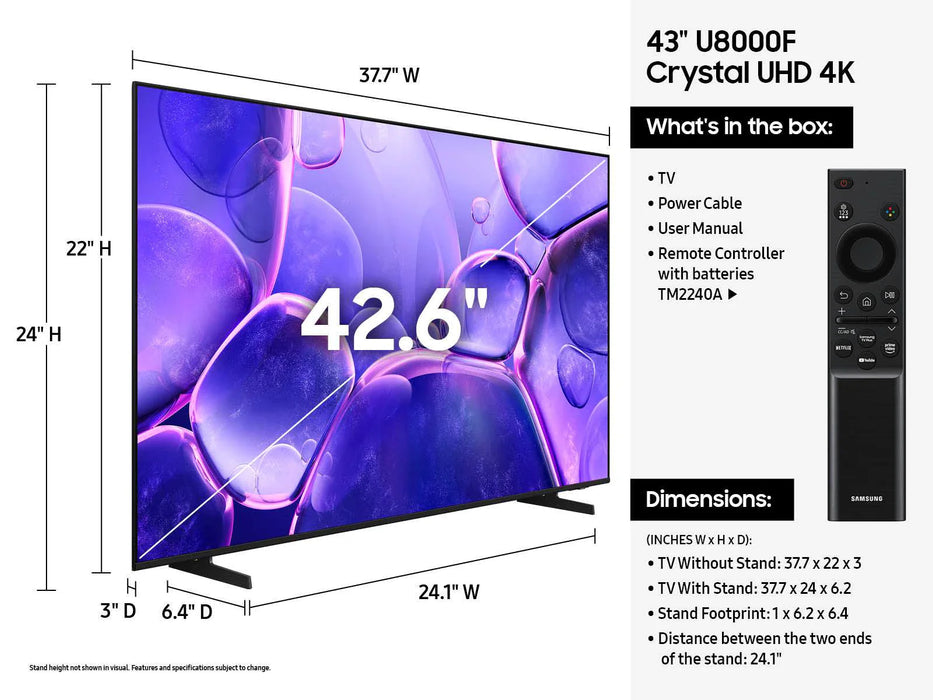 Samsung 43-Inch 4K UHD Smart LED TV, U8000H Series (UN43U8000HFXZC, 2026) with HDR, Crystal Processor, 4K Upscaling & Gaming